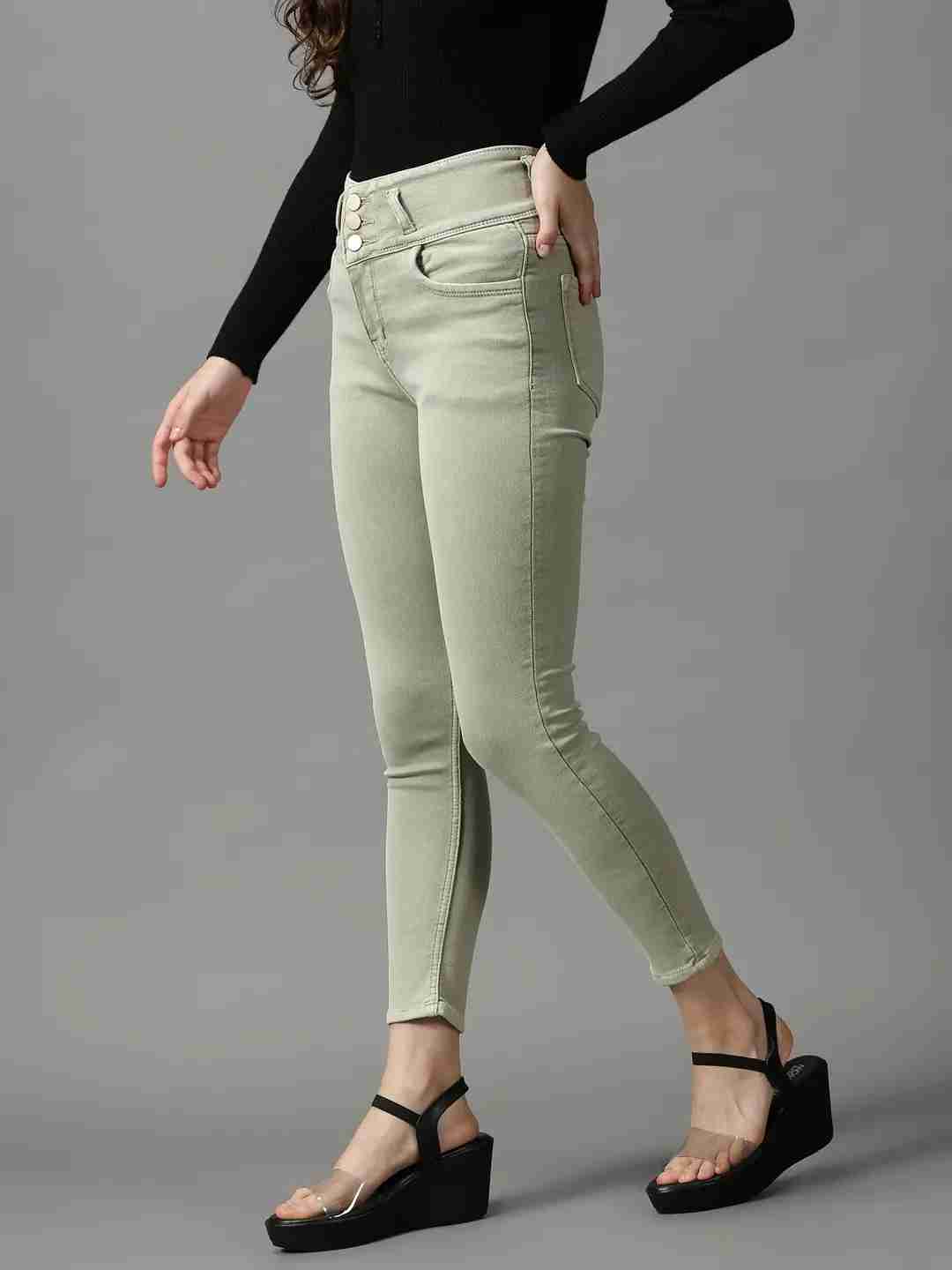 Women's Green Denim Solid Jeans