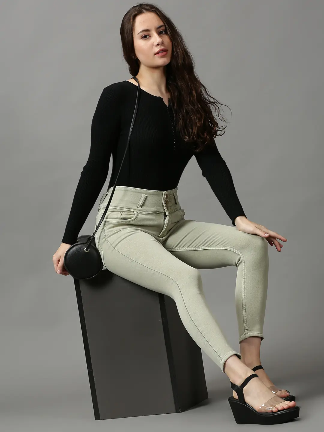 Women's Green Denim Solid Jeans