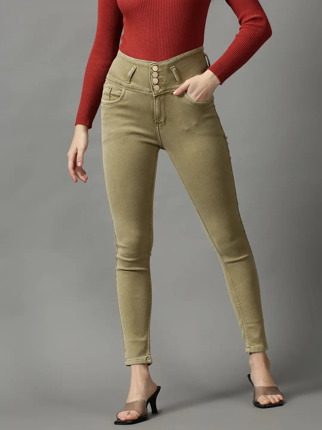 Women's Beige Denim Solid Jeans
