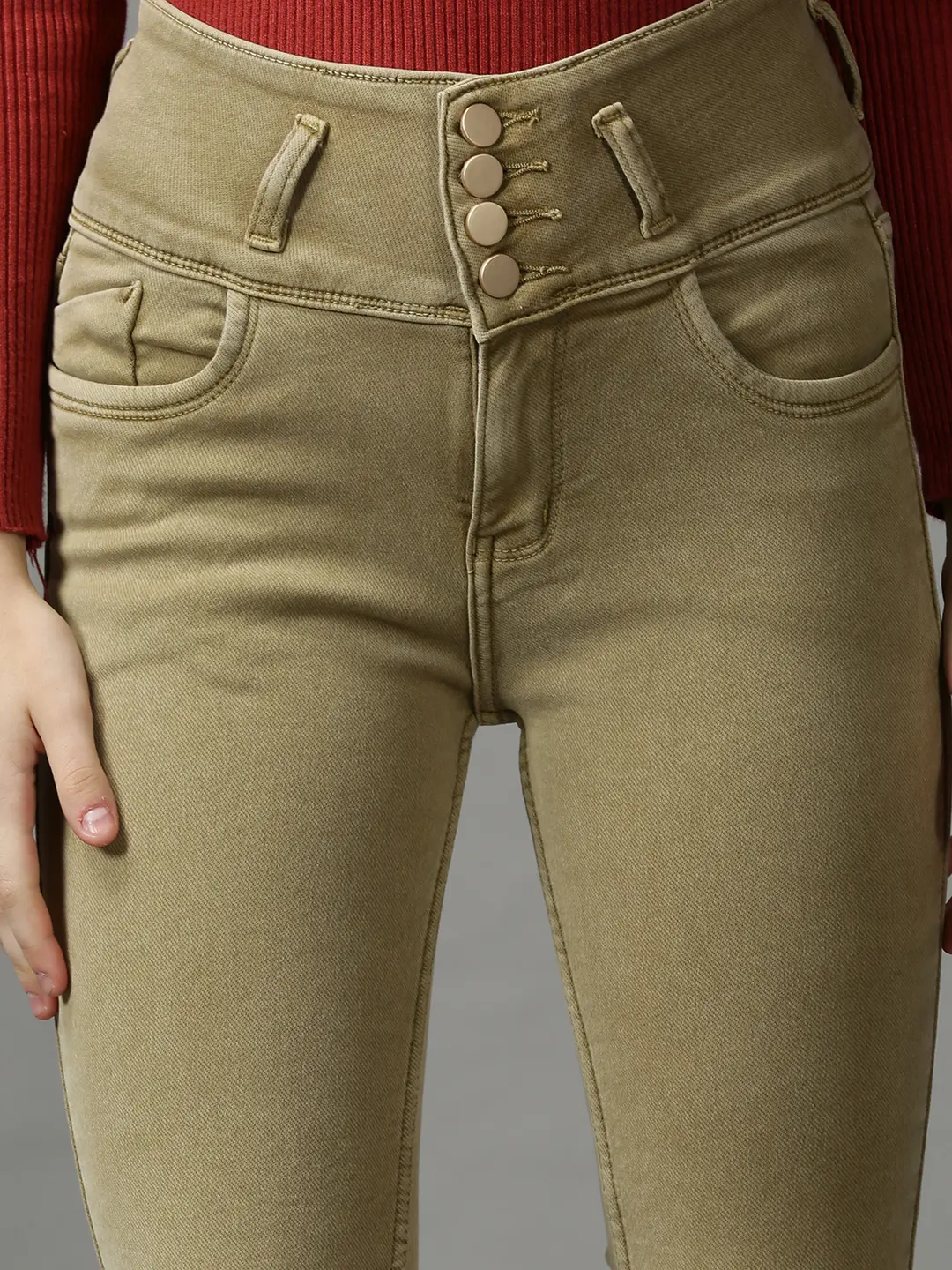 Women's Beige Denim Solid Jeans
