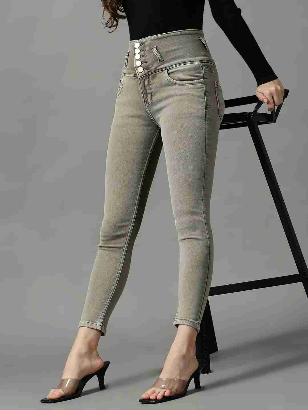Women's Green Denim Solid Jeans