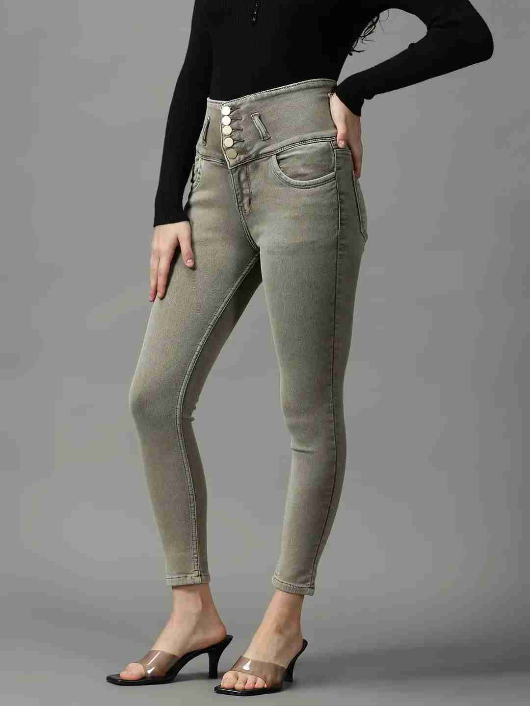 Women's Green Denim Solid Jeans
