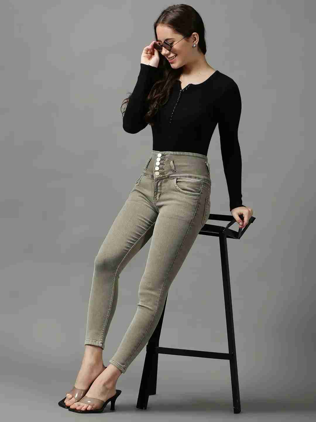 Women's Green Denim Solid Jeans