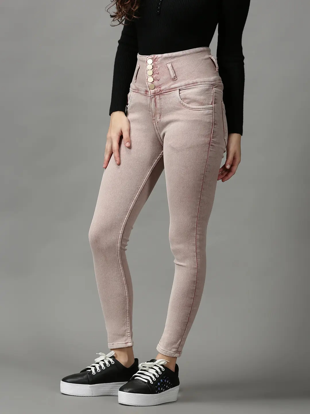 Women's Pink Denim Solid Jeans