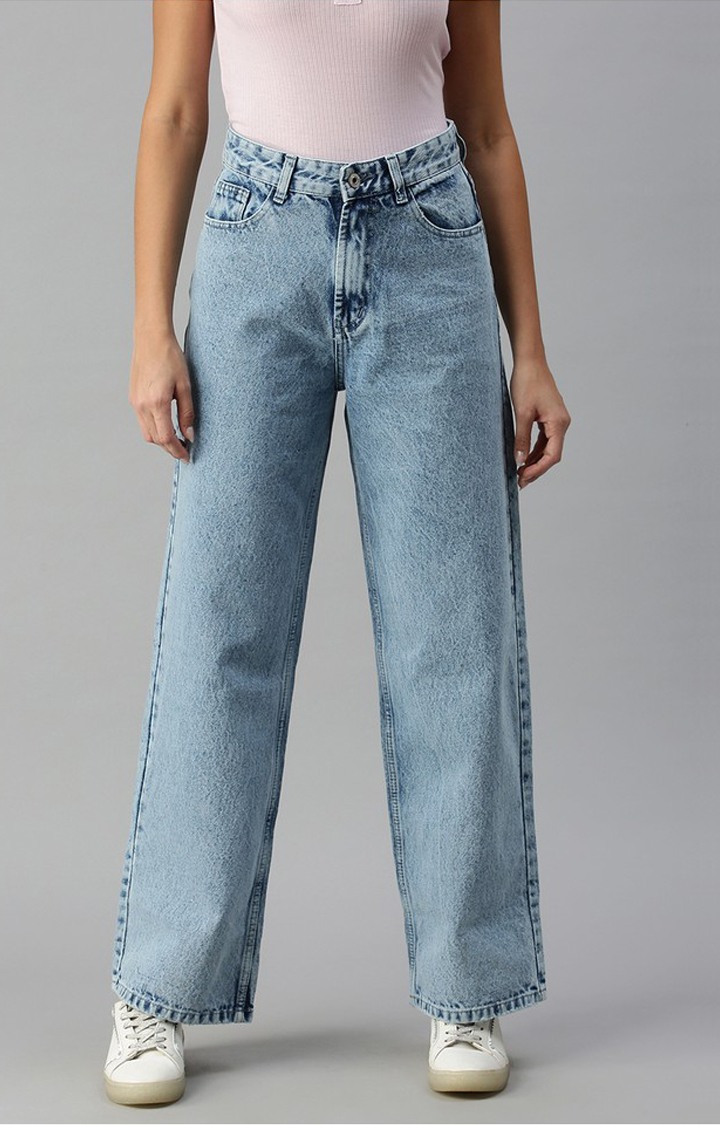 Showoff | SHOWOFF Women Blue Solid  Wide Leg Jeans