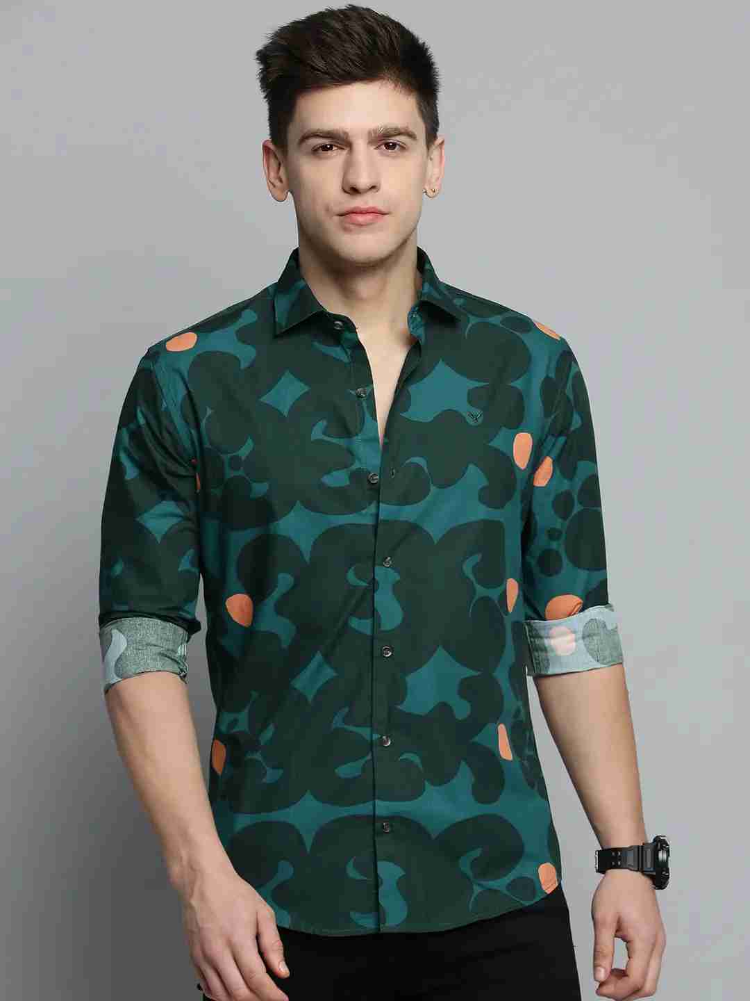 SHOWOFF Men's Spread Collar Green Colourblocked Shirt