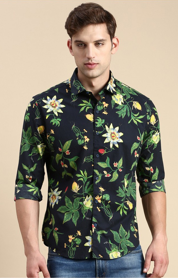 Showoff | SHOWOFF Men's Spread Collar Navy Blue Slim Fit Printed Shirt