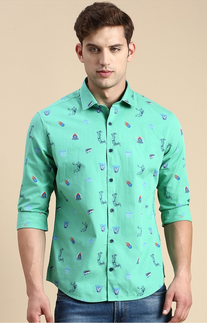 Showoff | SHOWOFF Men's Spread Collar Green Slim Fit Printed Shirt