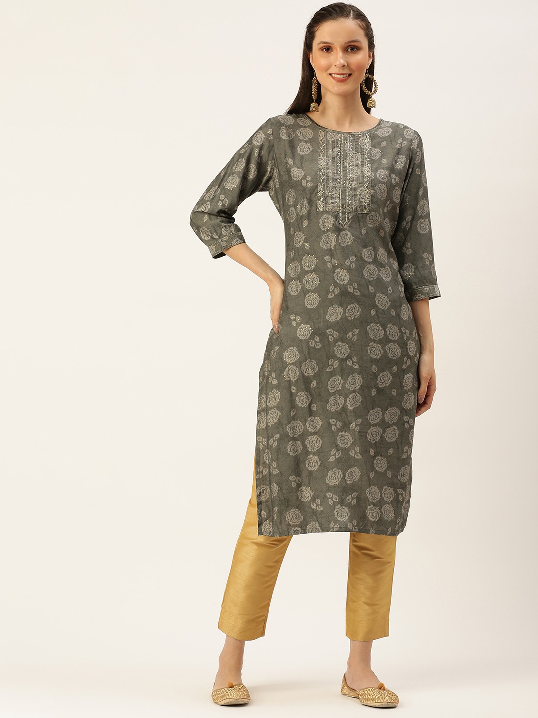 Women's Grey Cotton Embellished Comfort Fit Kurtas