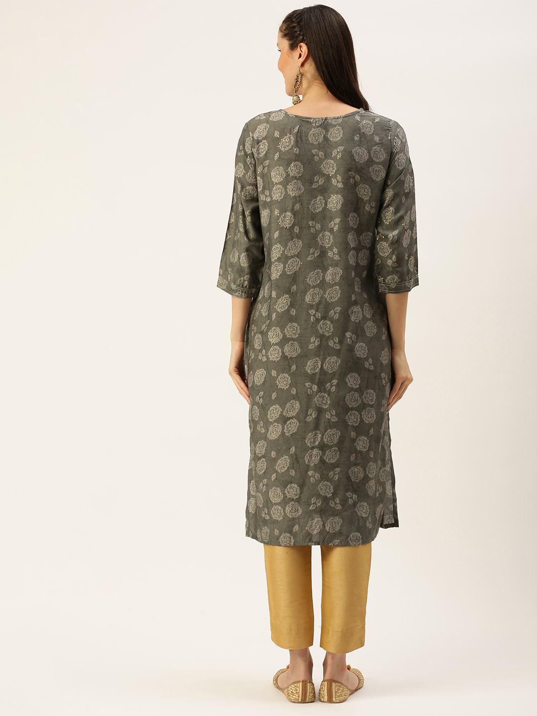 Women's Grey Cotton Embellished Comfort Fit Kurtas