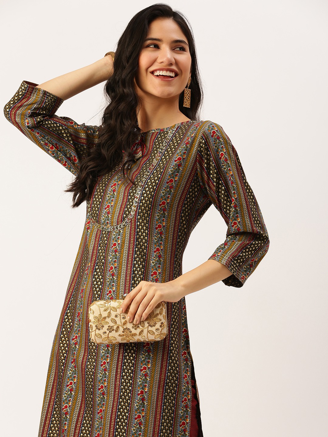 SHOWOFF Women's Round Neck Ethnic Motifs Multi Straight Kurta