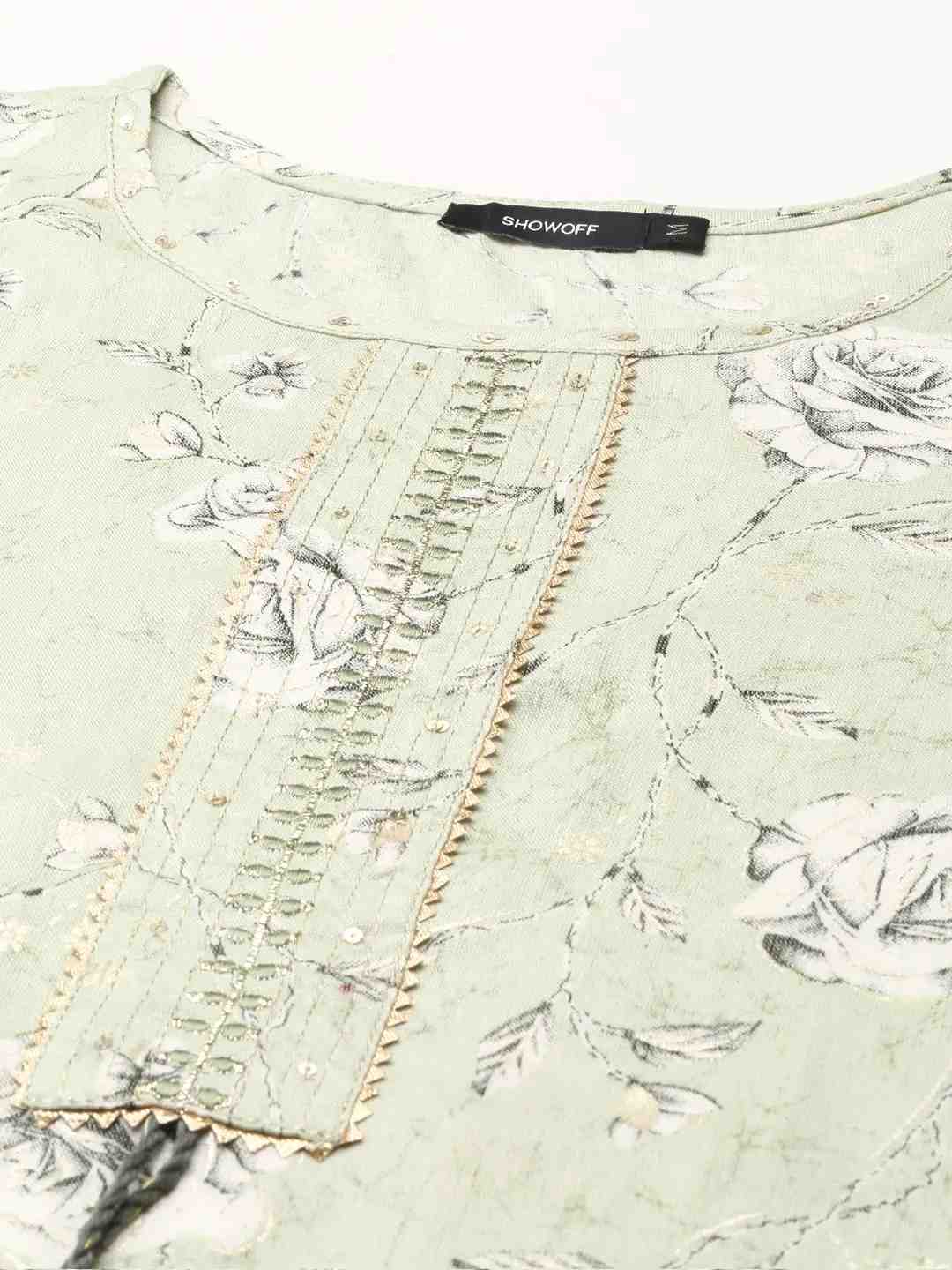 SHOWOFF Women's Round Neck Floral Green Straight Kurta