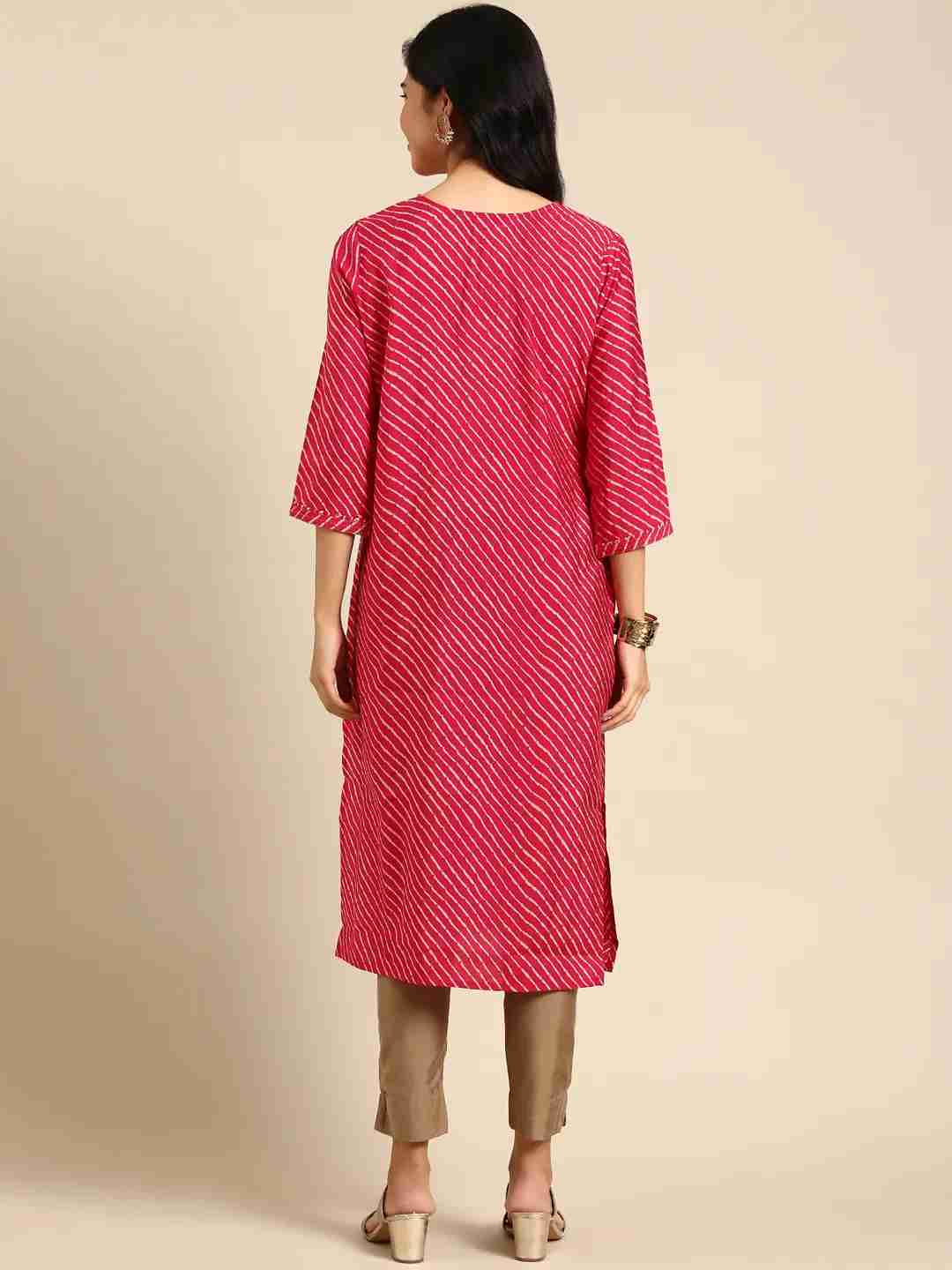 SHOWOFF Women's Keyhole Neck Leheriya Fuchsia Straight Kurta