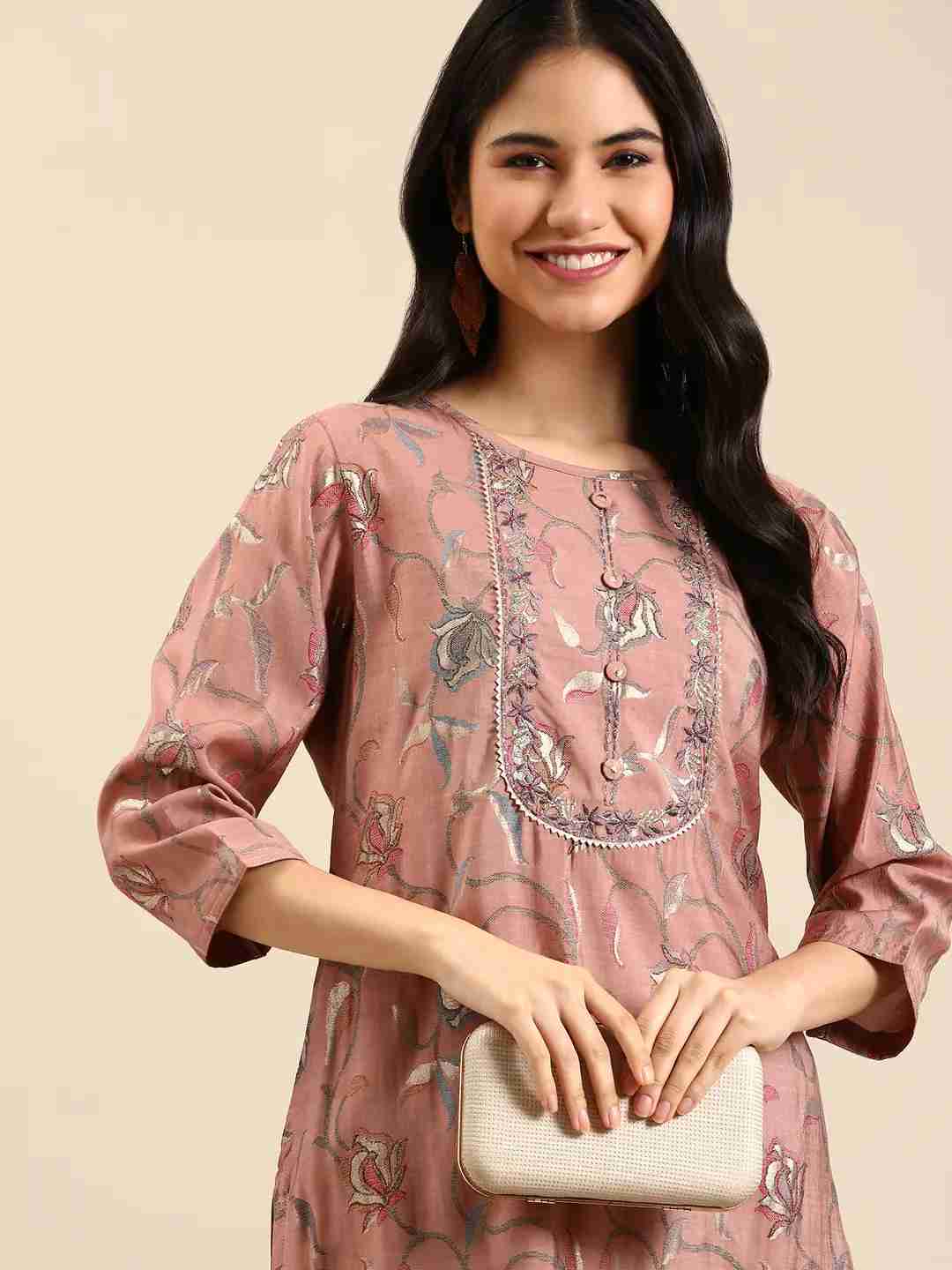 Women's Purple Silk Printed Comfort Fit Kurtas