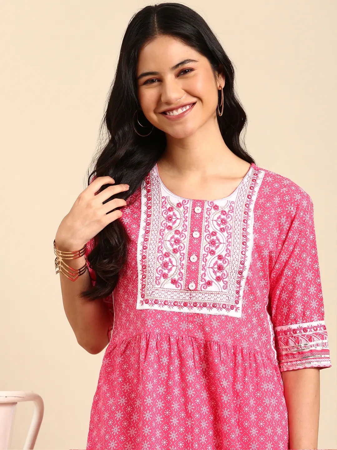 SHOWOFF Women Pink Printed Scoop Neck Three-Quarter Sleeves Mid Length Anarkali Kurta Set