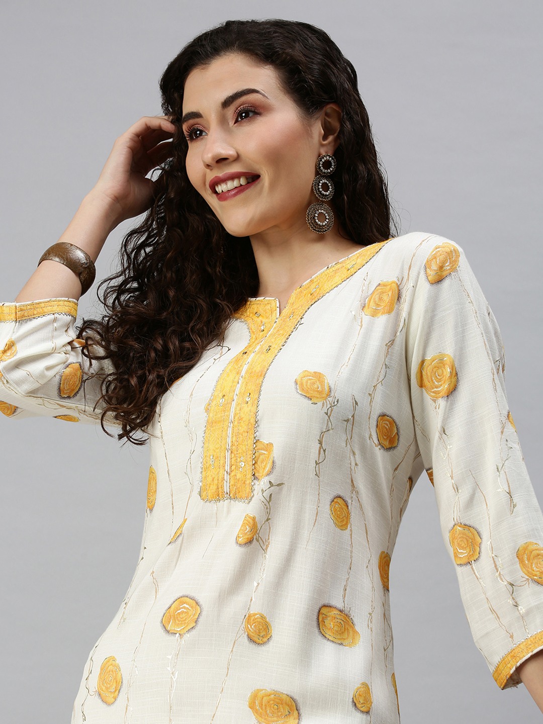 SHOWOFF Women's Yellow Mid Length Floral Kurta
