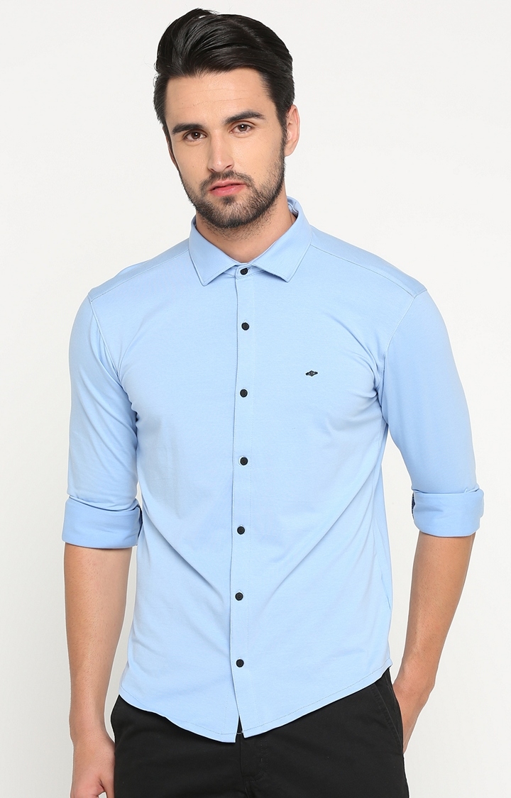 SHOWOFF Men's Knitted Full Sleeve Slim Fit Solid Blue Casual Shirt