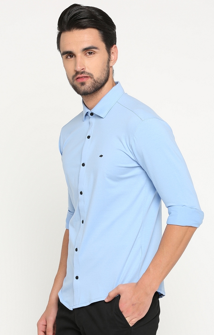 SHOWOFF Men's Knitted Full Sleeve Slim Fit Solid Blue Casual Shirt