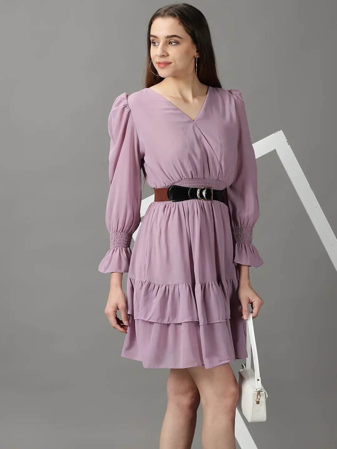 SHOWOFF Women's Fit and Flare Lavender Solid Above Knee Dress
