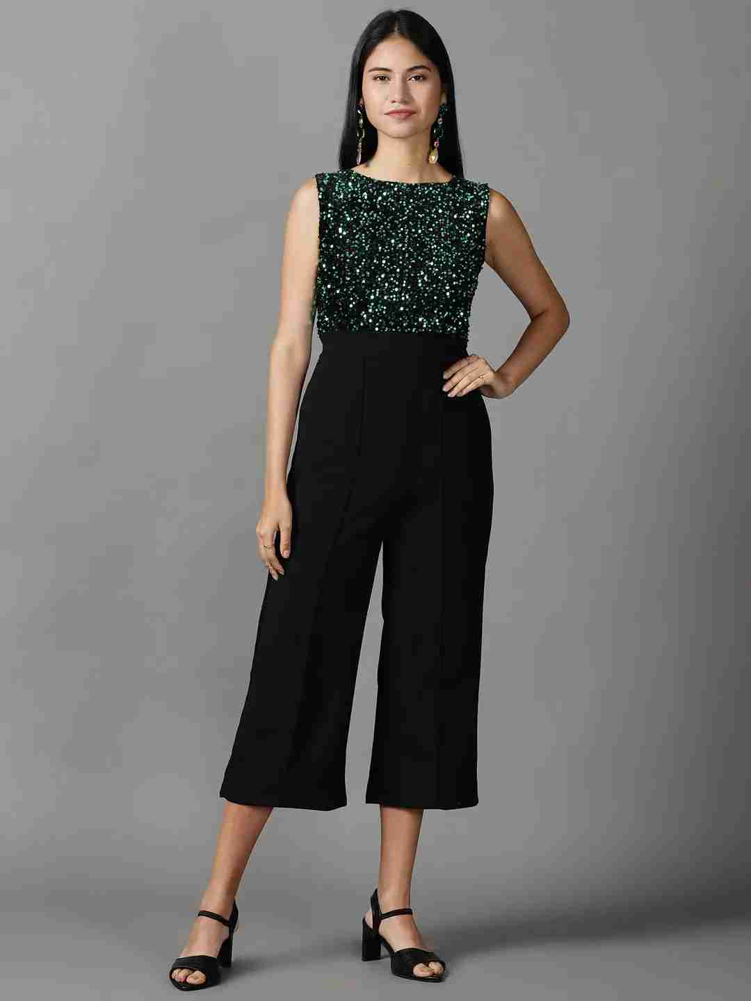 SHOWOFF Women Black Solid Round Neck Sleeveless Basic Jumpsuit