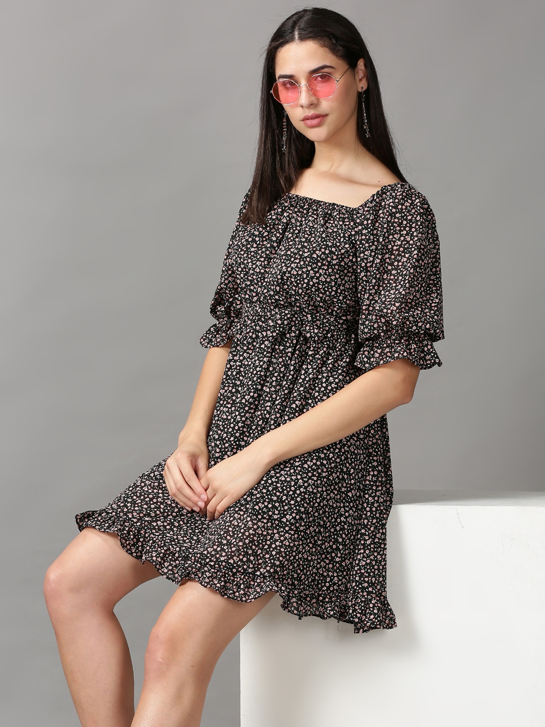 SHOWOFF Women Black Printed Square Neck Three-Quarter Sleeves Above Knee Fit and Flare Dress
