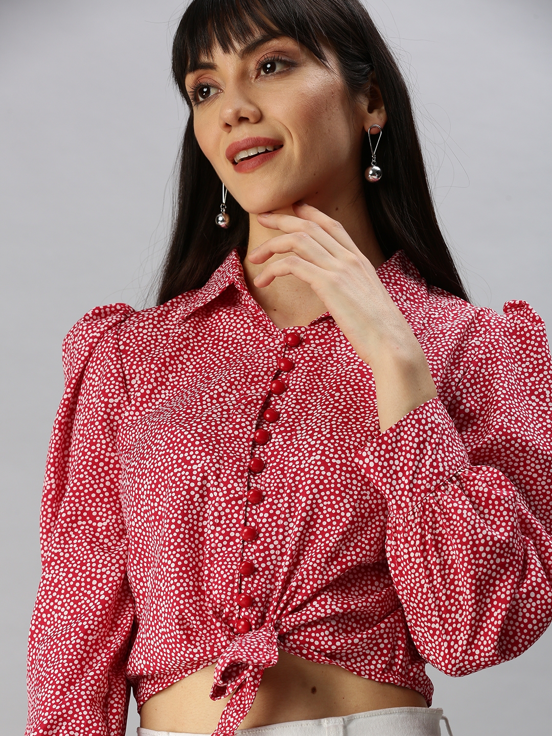 SHOWOFF Women's Shirt Collar Polka Dots Red Regular Top