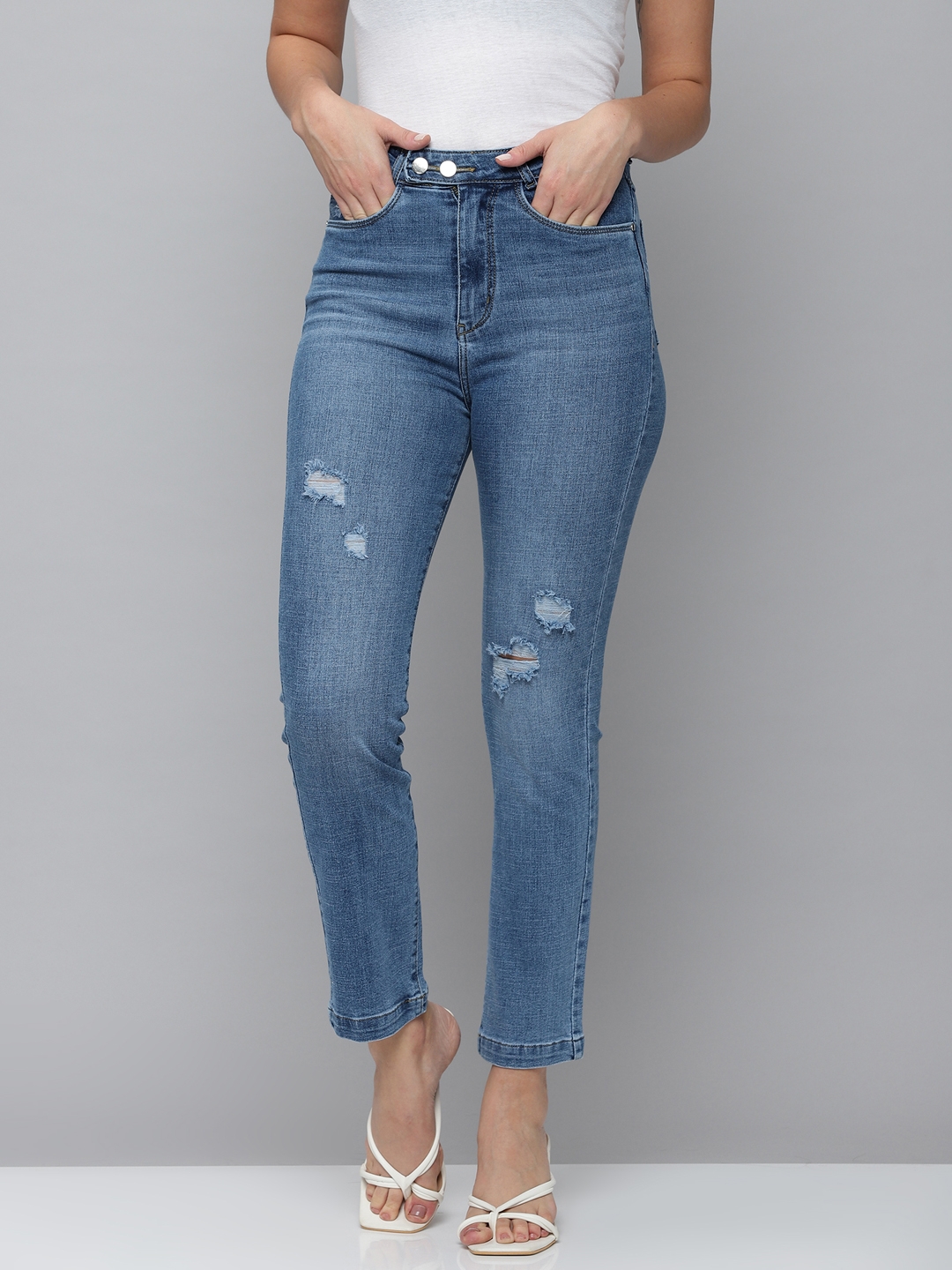 SHOWOFF Women's High-Rise Blue Mildly Distressed Jeans