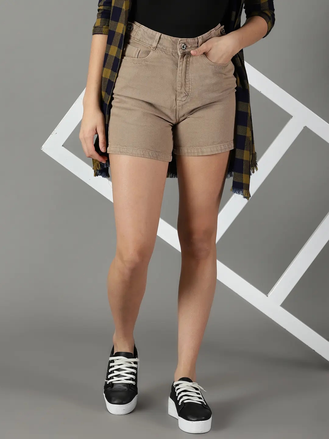 SHOWOFF Women's High-Rise Khaki Solid Denim Shorts