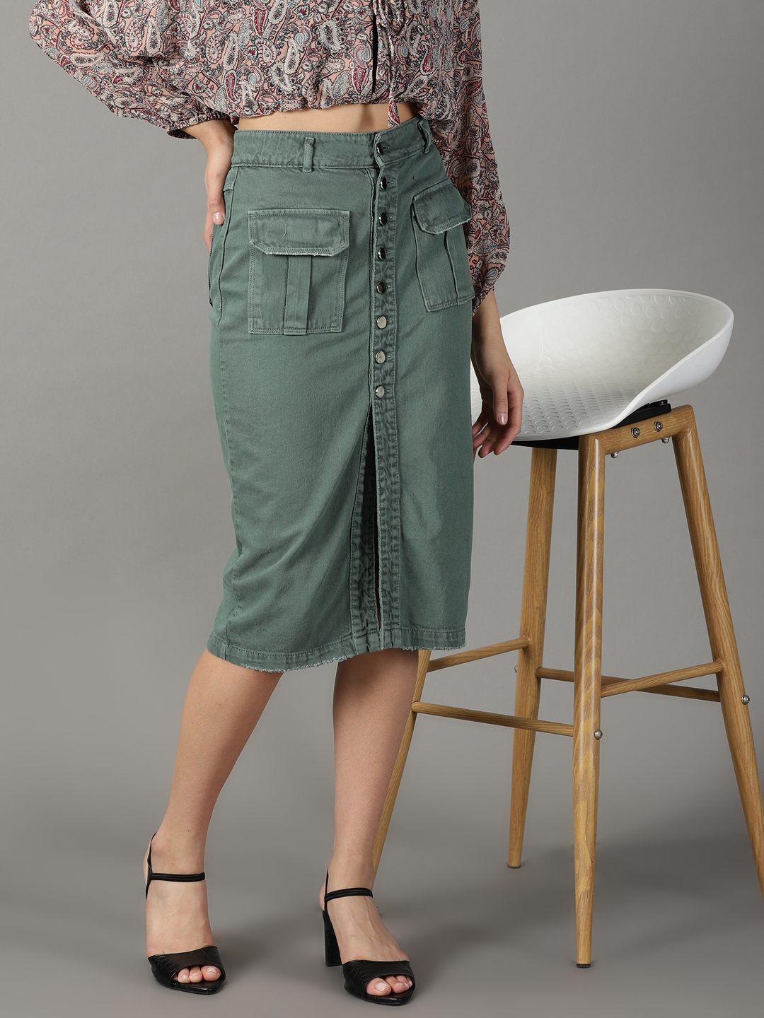 SHOWOFF Women's Solid Green Denim Pencil Skirt