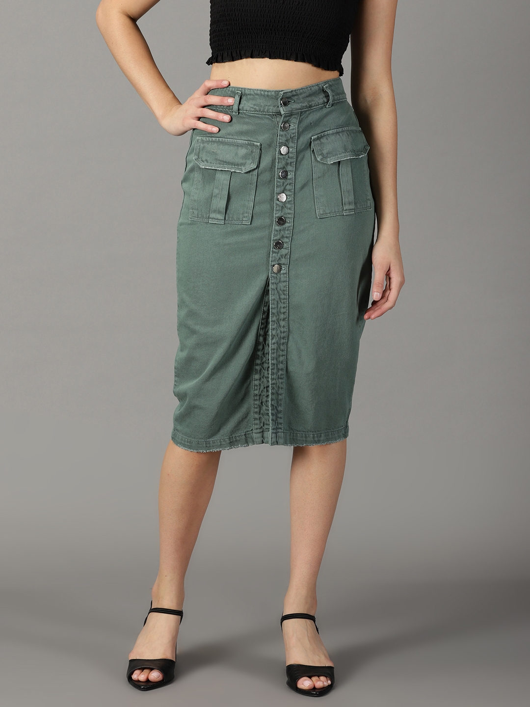 SHOWOFF Women's Solid Green Denim Pencil Skirt