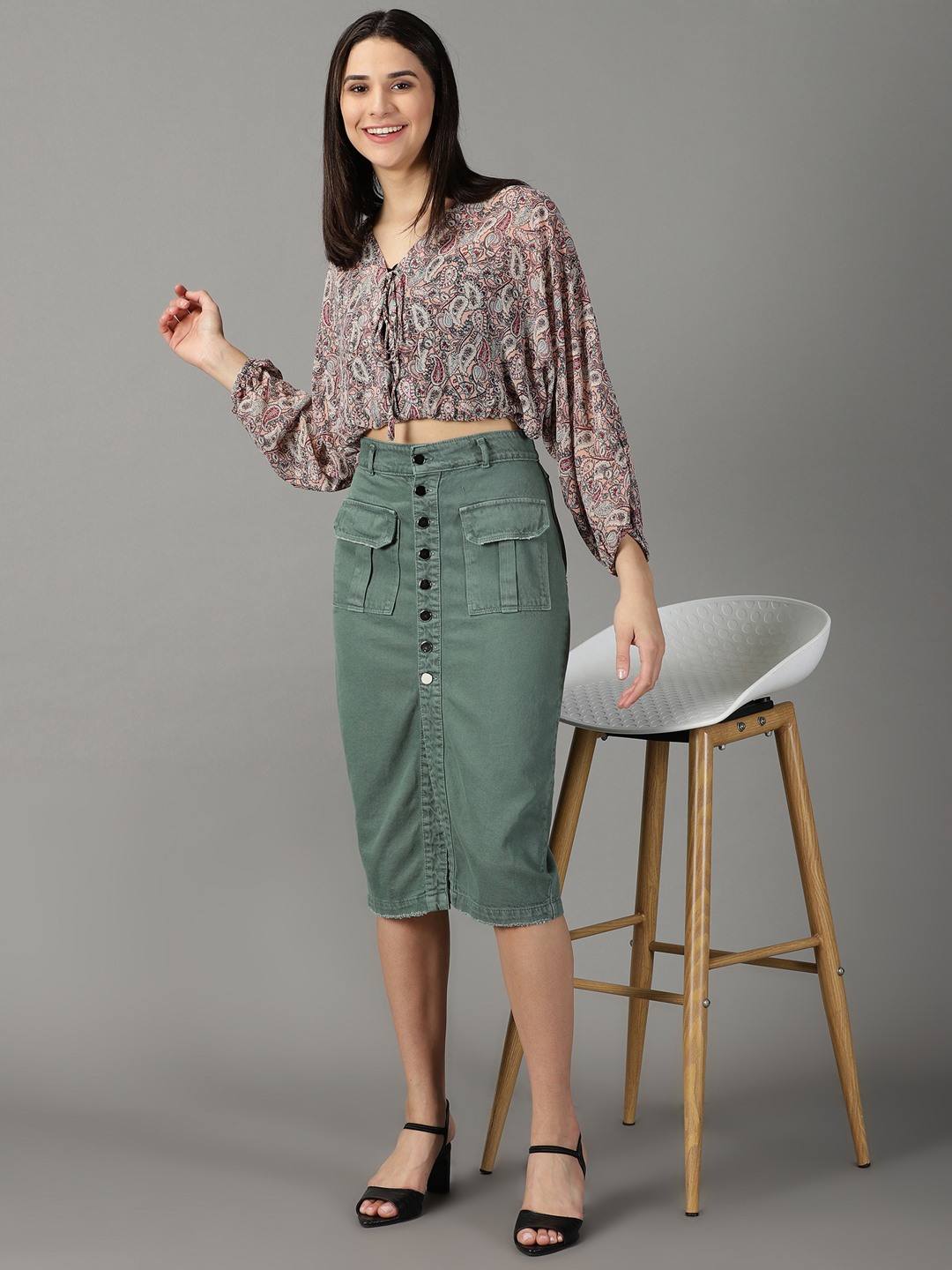 SHOWOFF Women's Solid Green Denim Pencil Skirt