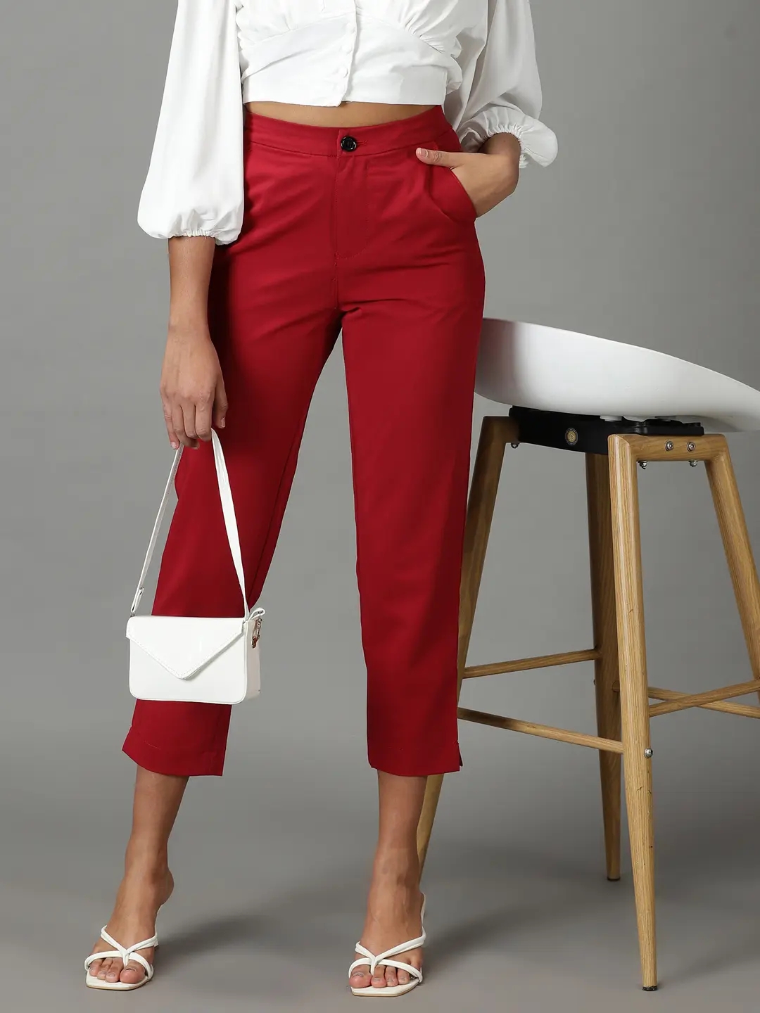 SHOWOFF Women's Mid-Rise Maroon Solid Mom Fit Formal Trousers