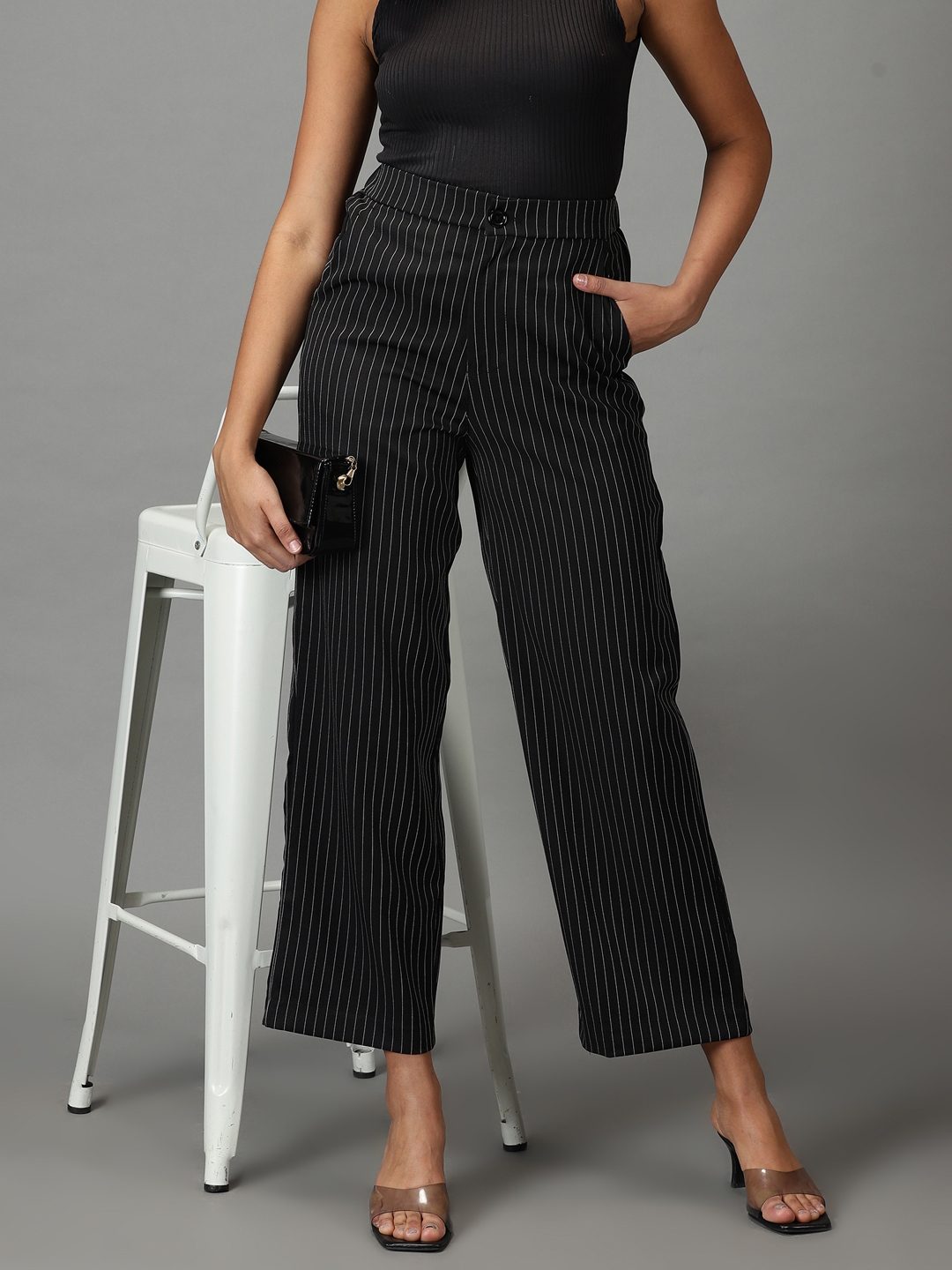 SHOWOFF Women's Mid-Rise Black Striped Straight Fit Formal Trousers