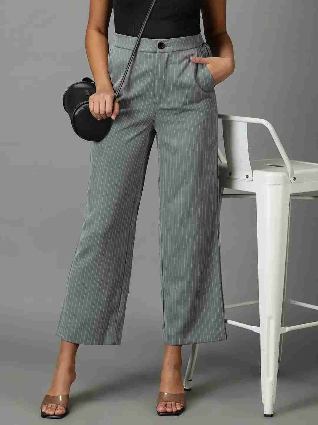 SHOWOFF Women's Mid-Rise Olive Striped Straight Fit Formal Trousers