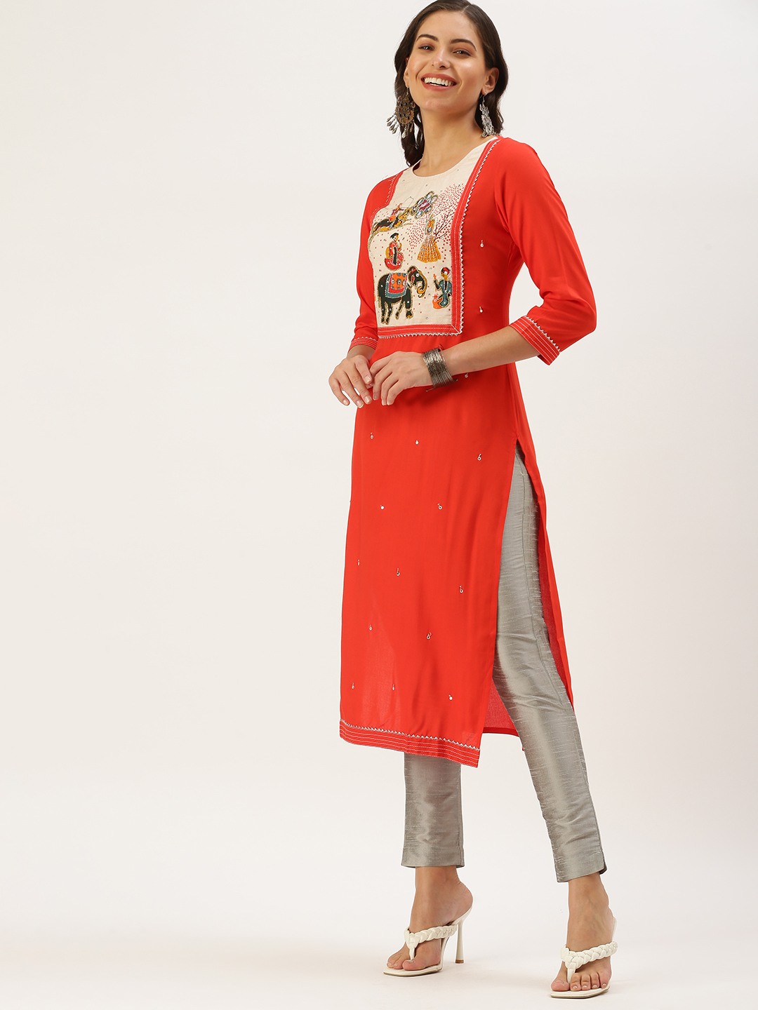Women's Orange Cotton Embellished Comfort Fit Kurtas