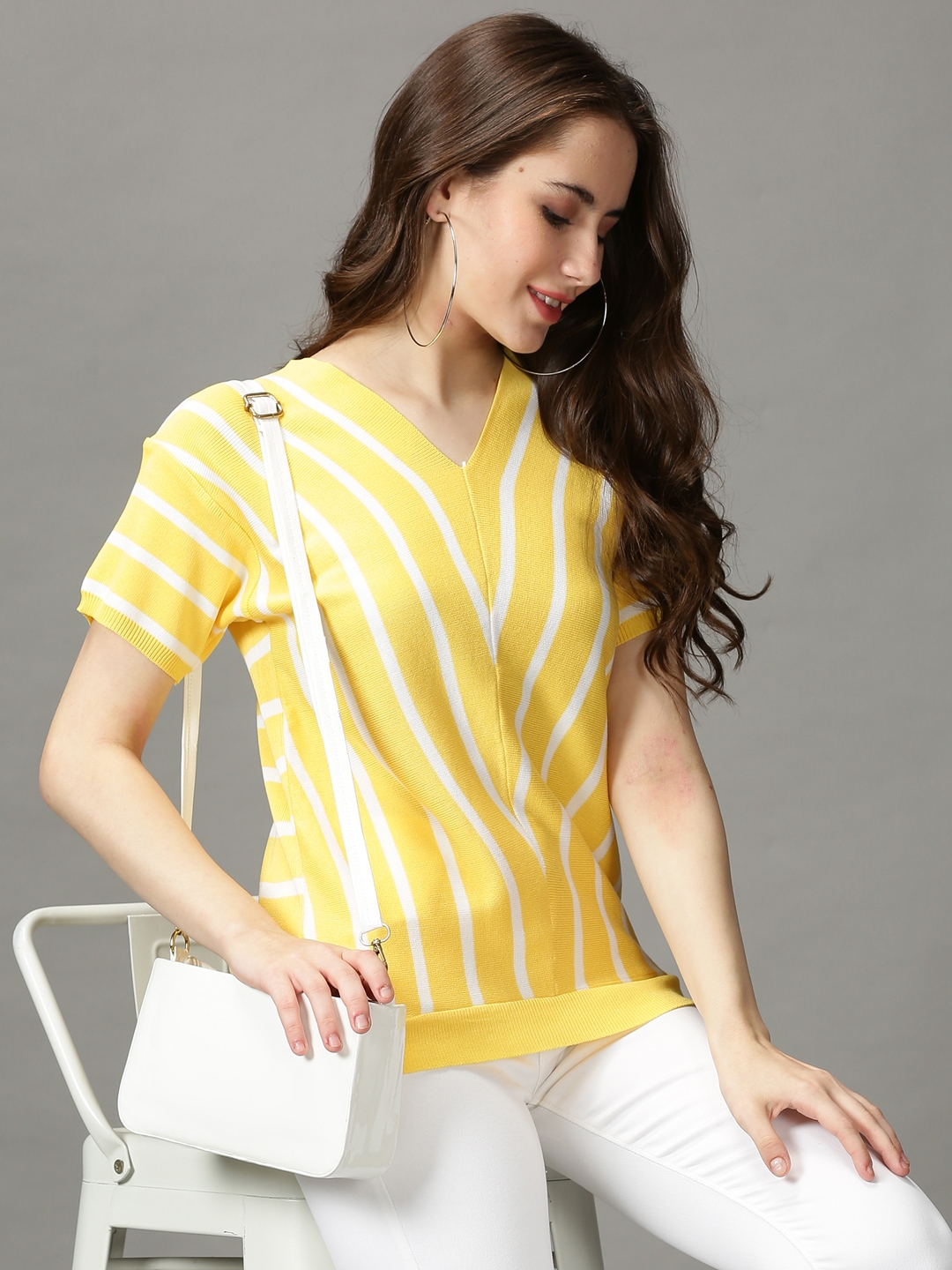 SHOWOFF Women's V-Neck  Self Design Yellow Regular Top