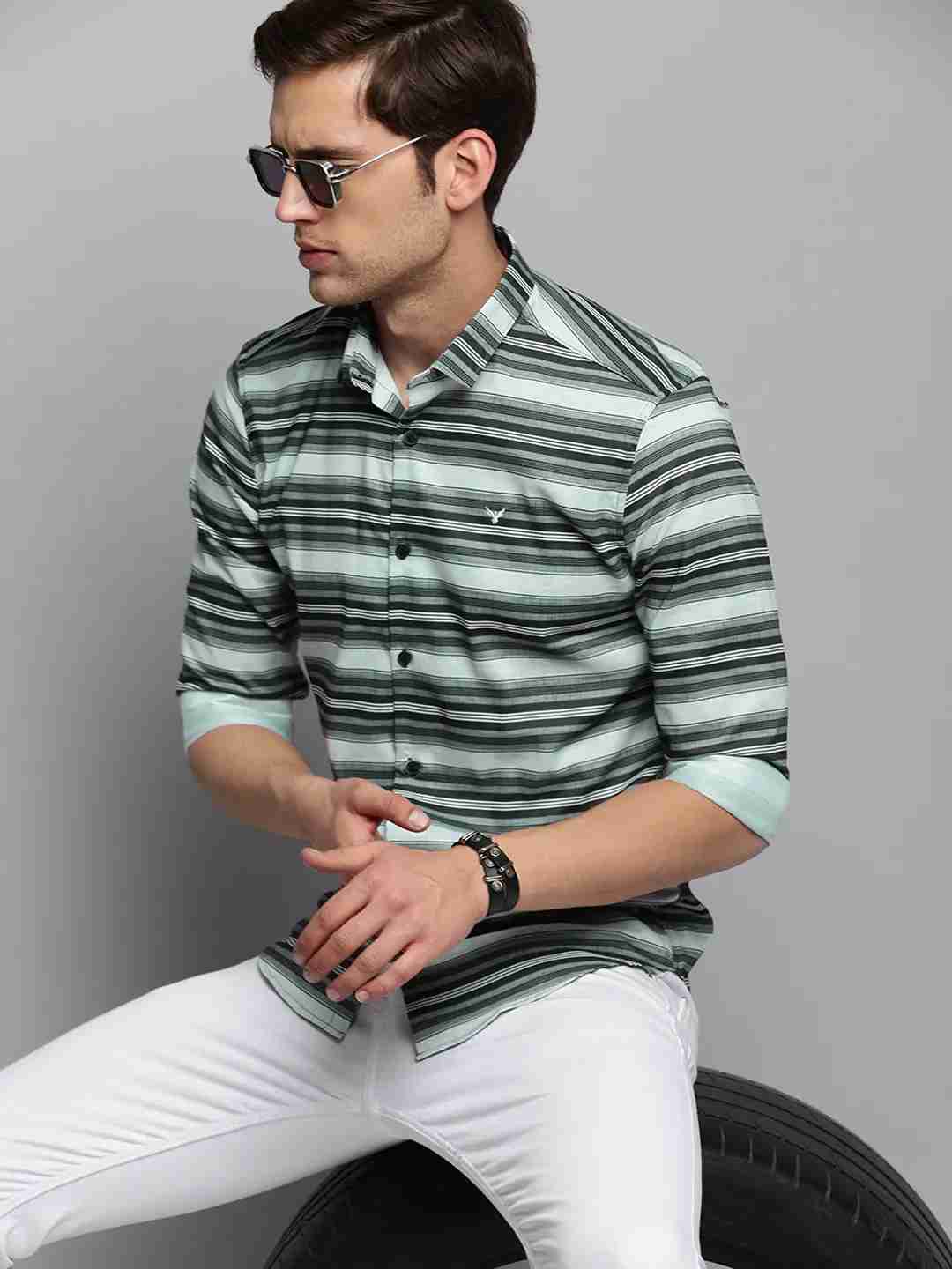 Showoff | SHOWOFF Men's Spread Collar Striped Olive Classic Shirt