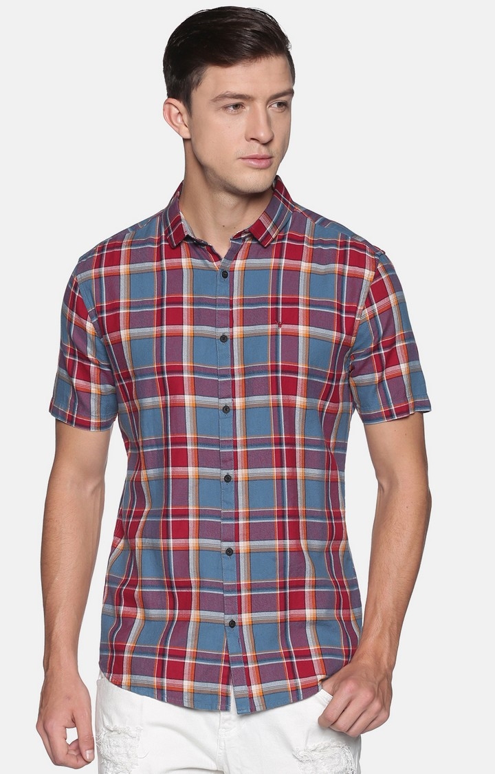 Showoff Men's Cotton Casual Rust Checked Slim Fit Shirt