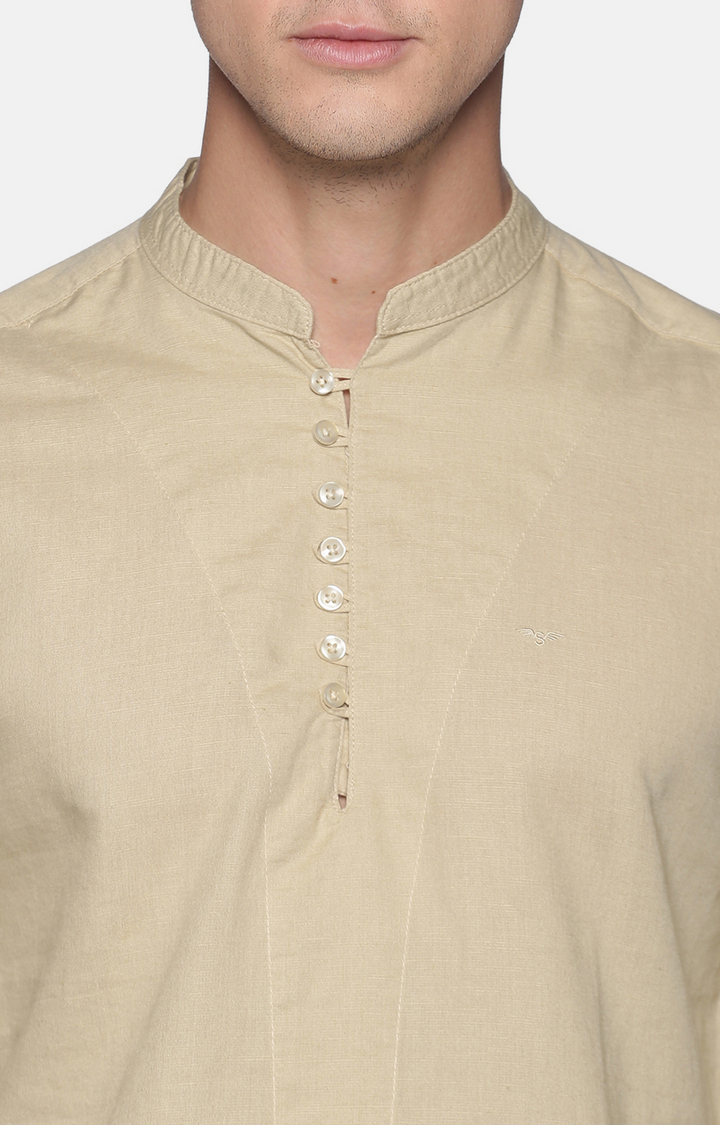 Men's Beige Linen Solid Slim Kurtas