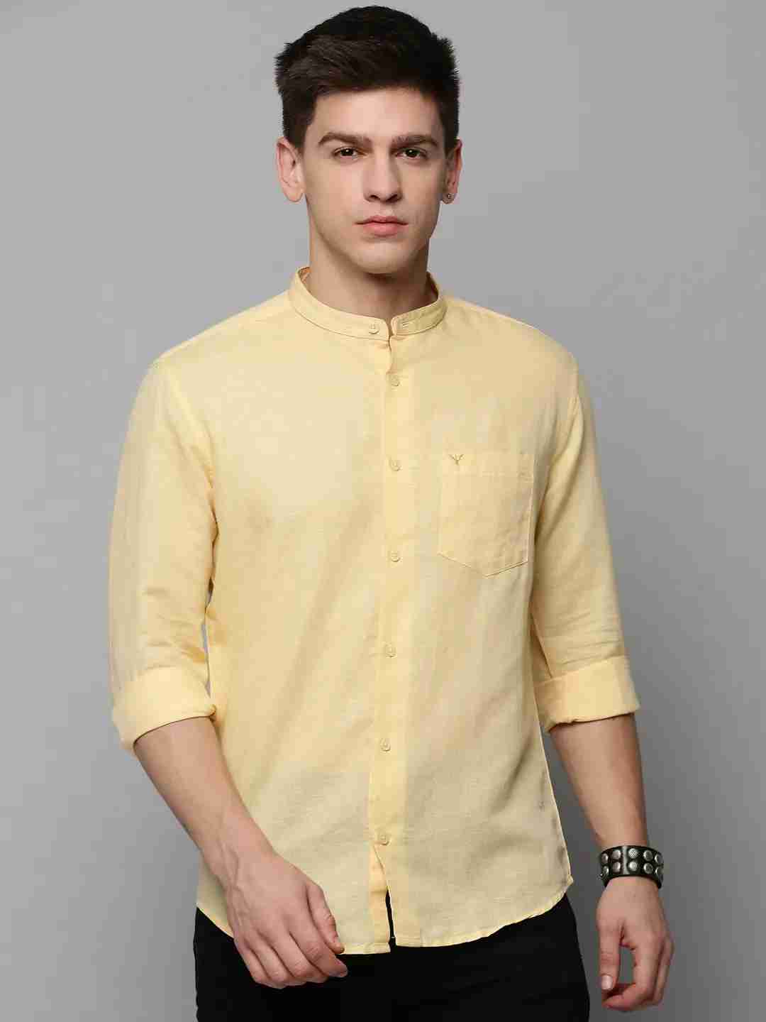 SHOWOFF Men's Mandarin Collar Yellow Solid Shirt