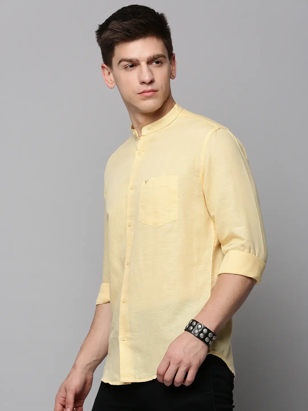 SHOWOFF Men's Mandarin Collar Yellow Solid Shirt