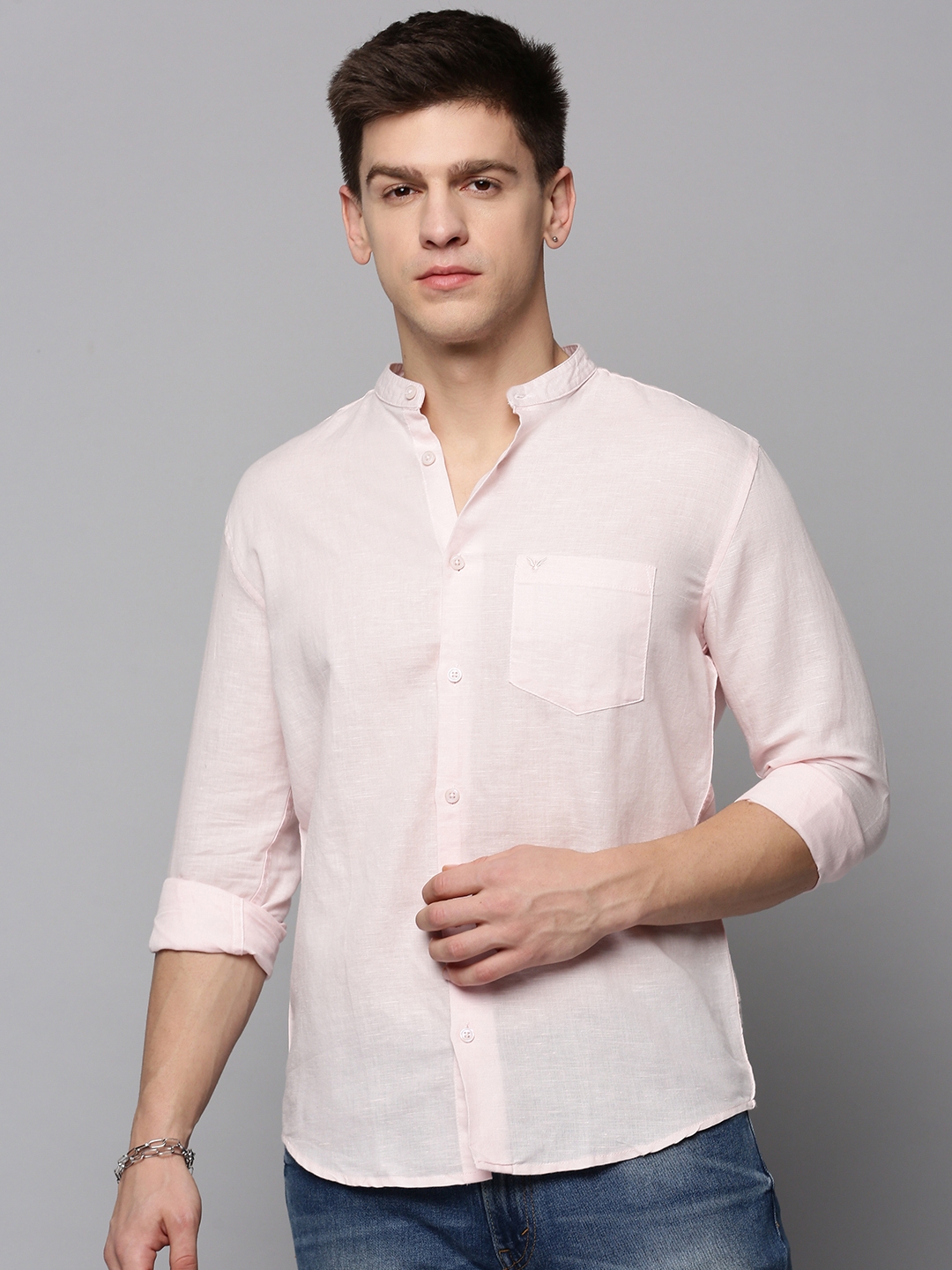 SHOWOFF Men's Mandarin Collar Pink Solid Shirt