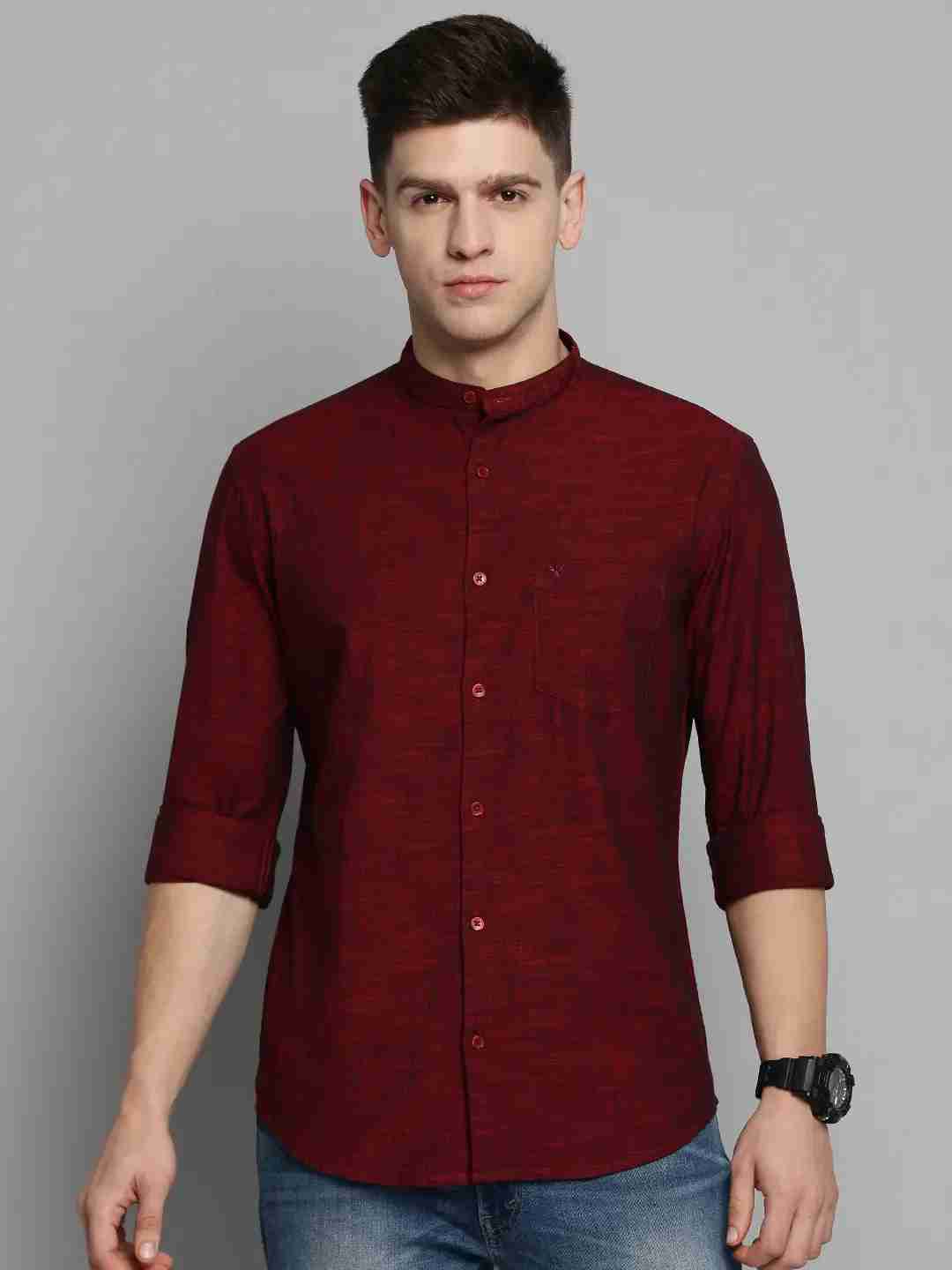 SHOWOFF Men's Mandarin Collar Burgundy Solid Shirt