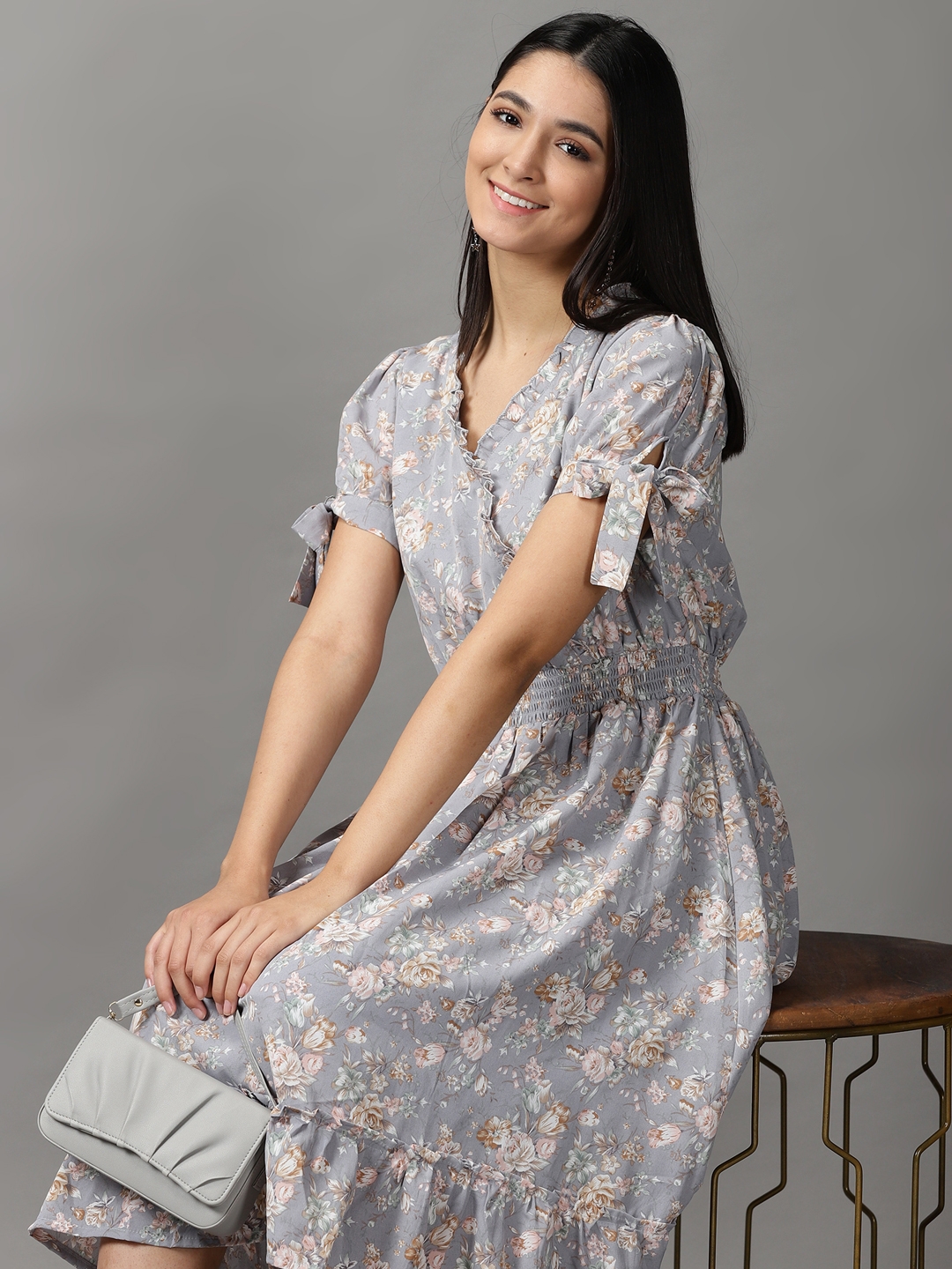 SHOWOFF Women's V-Neck Knee Length Grey Floral Dress