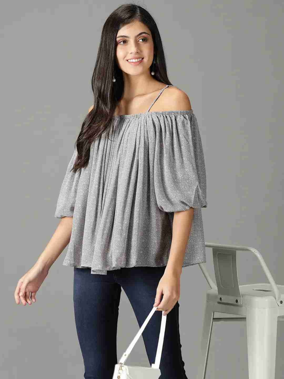 SHOWOFF Women's Printed Grey Regular Top