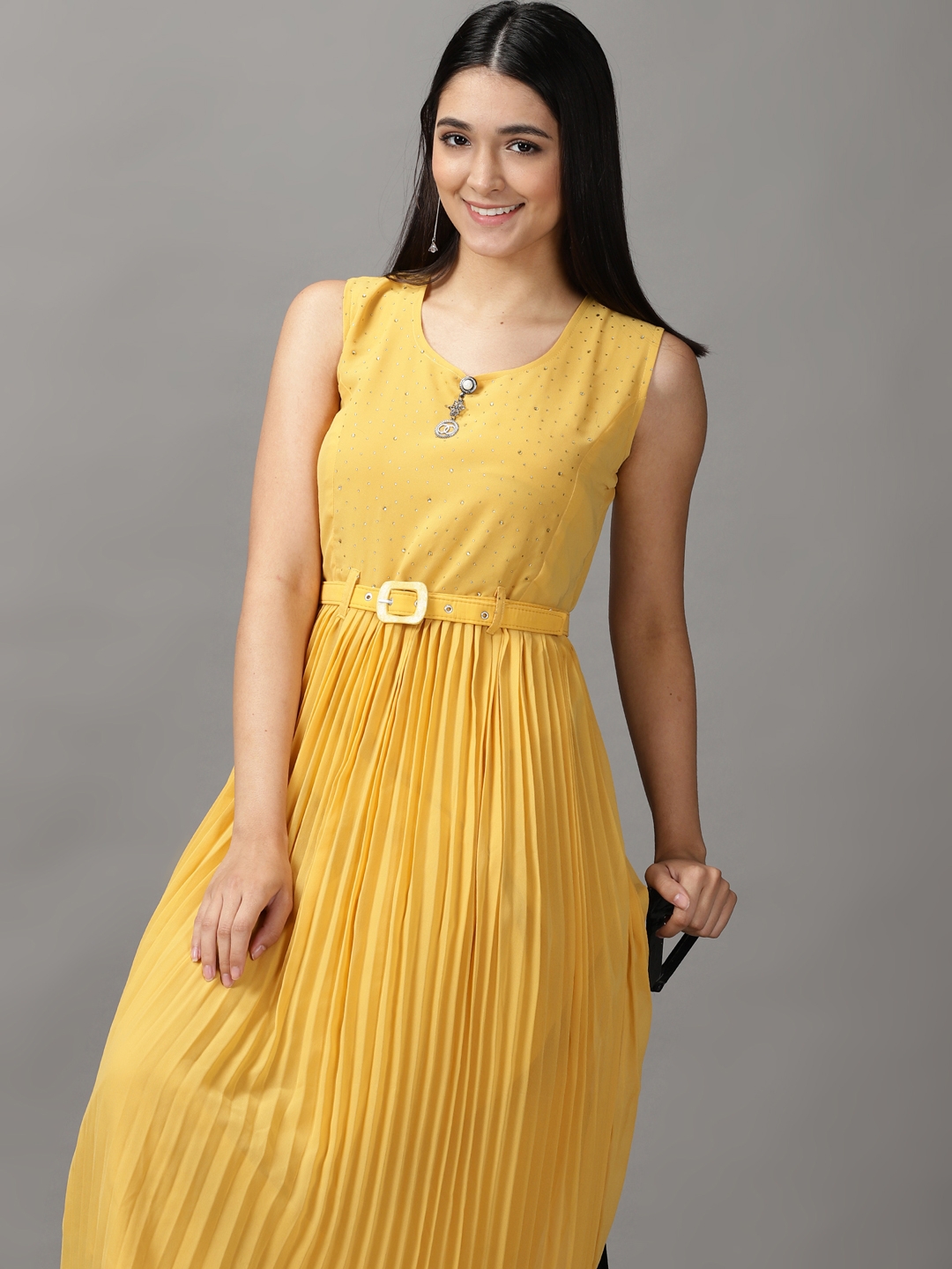 Terquois Polka Design Yellow Casual Dress with VNeckGathers and Fash   Terquois Klothing
