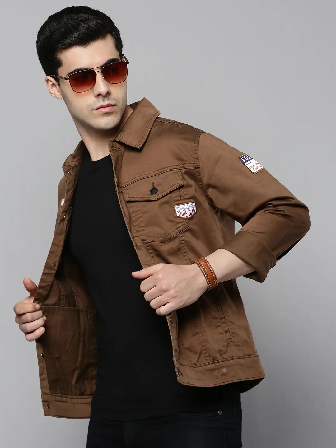 SHOWOFF Men Camel Brown Solid Spread Collar Full Sleeves Open Front Jacket
