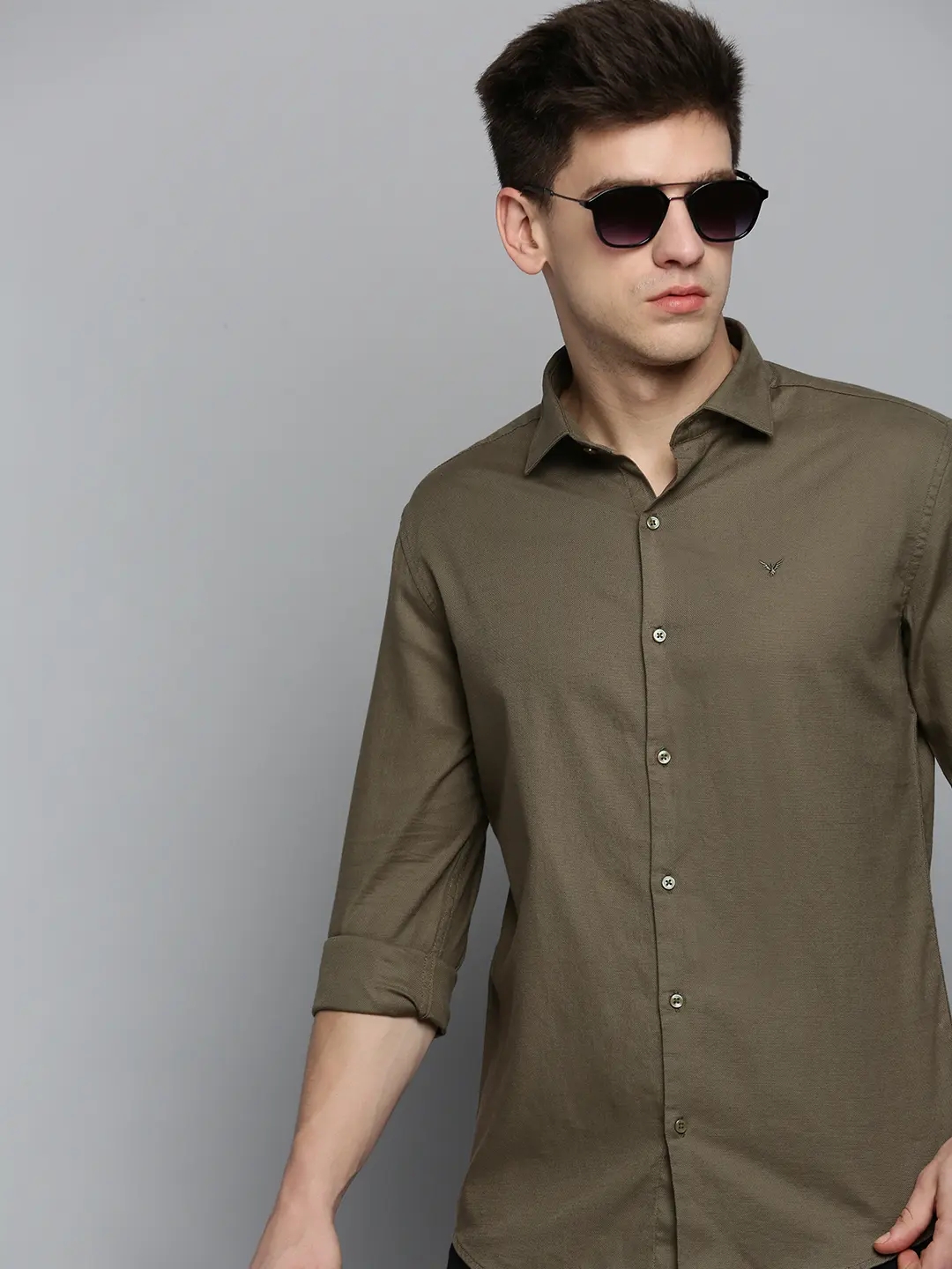 SHOWOFF Men's Spread Collar Olive Solid Shirt