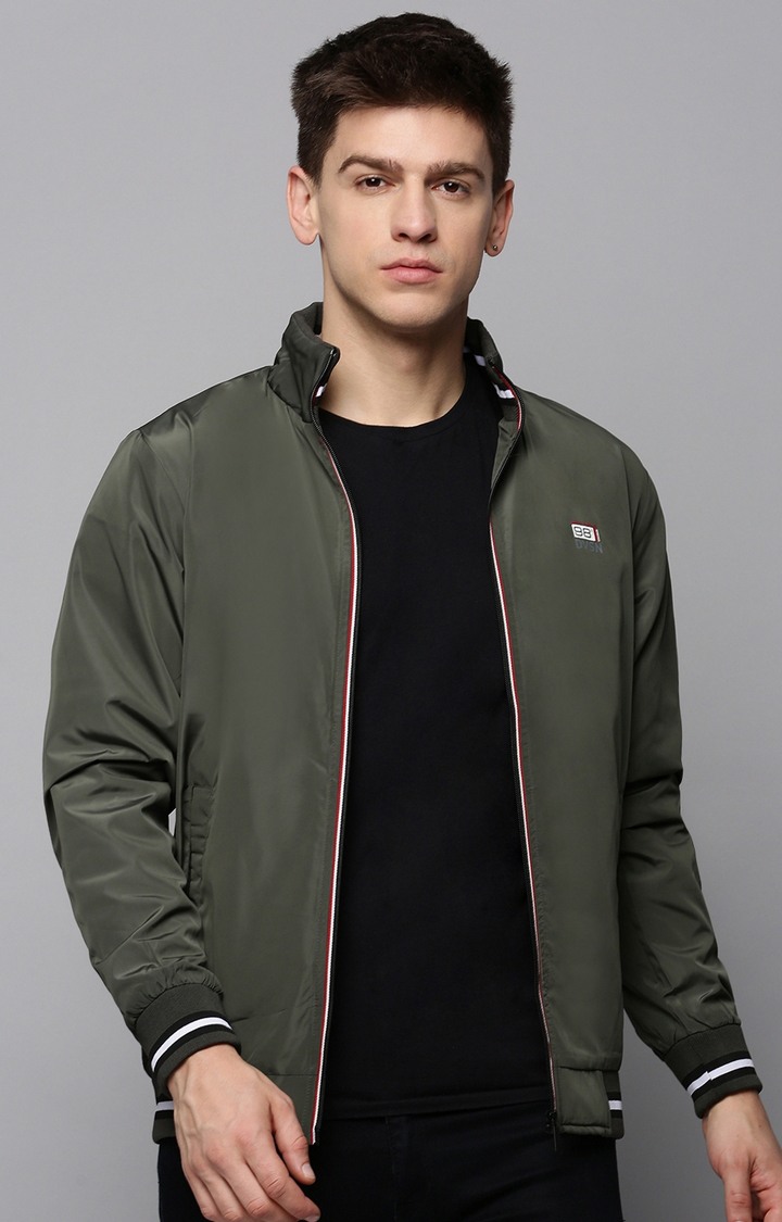 Showoff | SHOWOFF Men Olive Solid Mock Collar Full Sleeves Open Front Jacket
