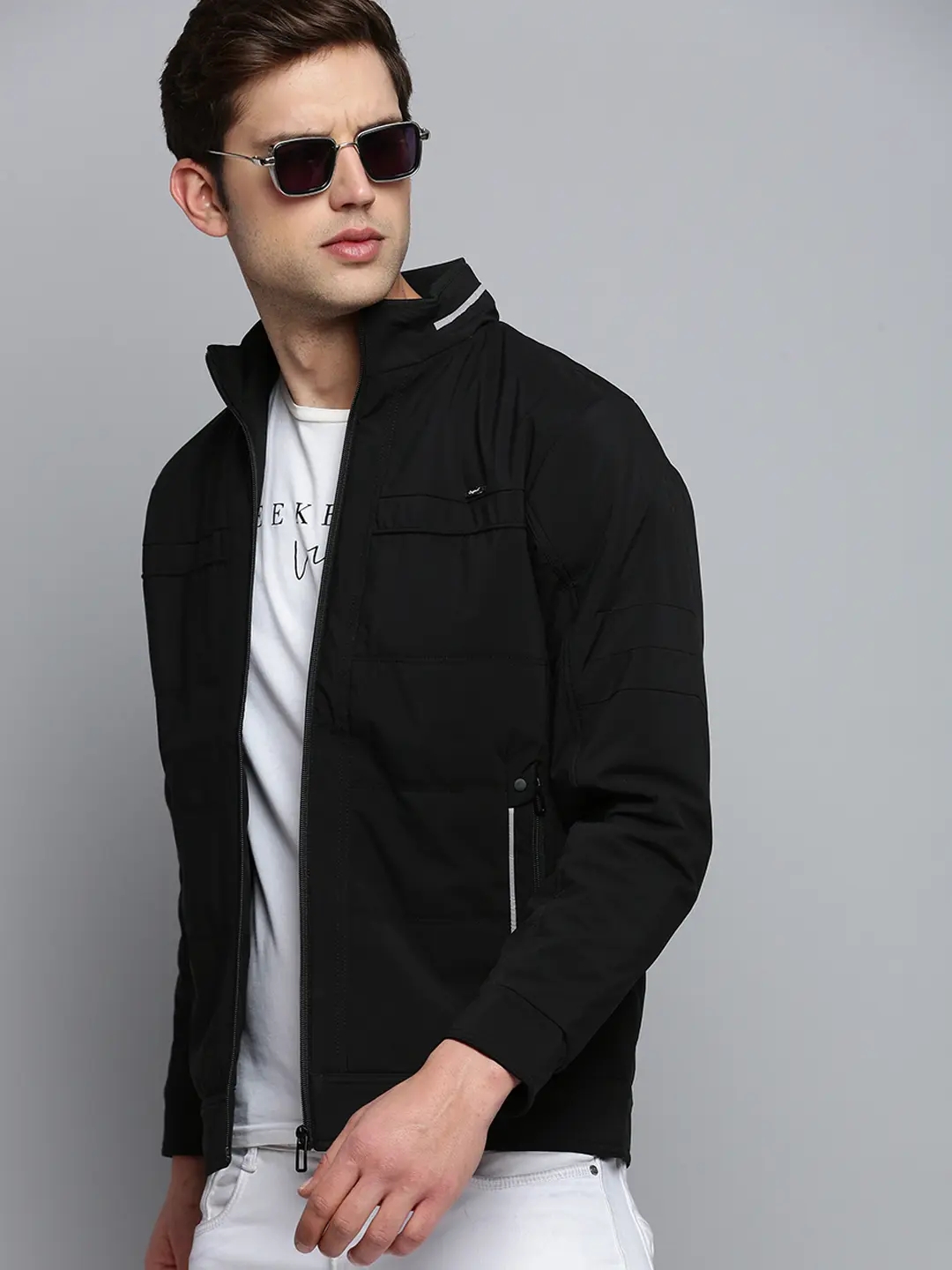 SHOWOFF Men's Solid Mock Collar Black Quilted Jacket
